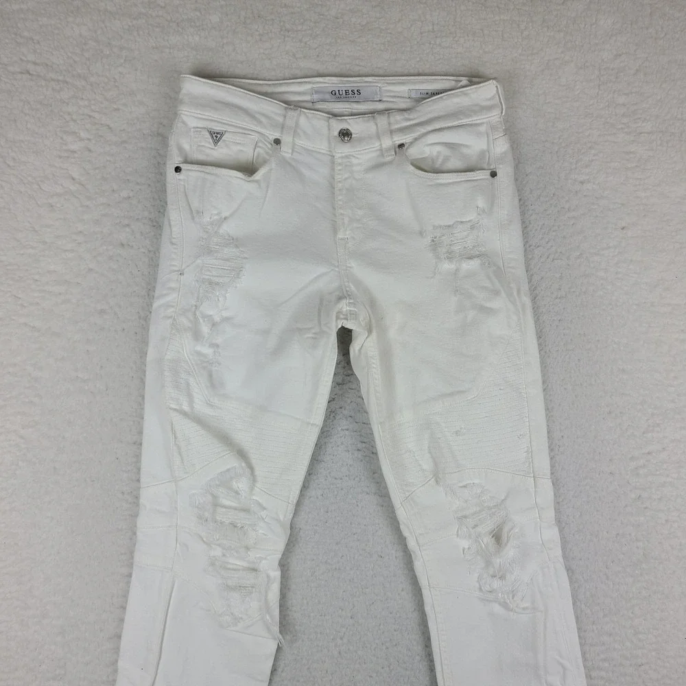 GUESS Jeans Mens 30x32 White Wash Slim Tapered Distressed‎ Denim